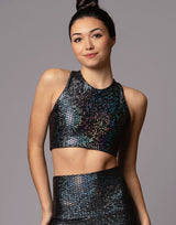 woman wearing crop top with mermaid pattern of midnight black colored sparkling fish scales on grey background