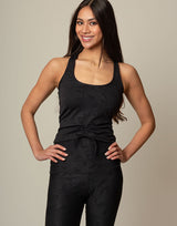 woman wearing chic woven star printed tank on grey background