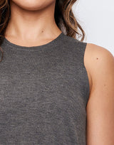 woman wearing tank top in charcoal grey on grey background