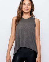 woman wearing tank top in charcoal grey on grey background