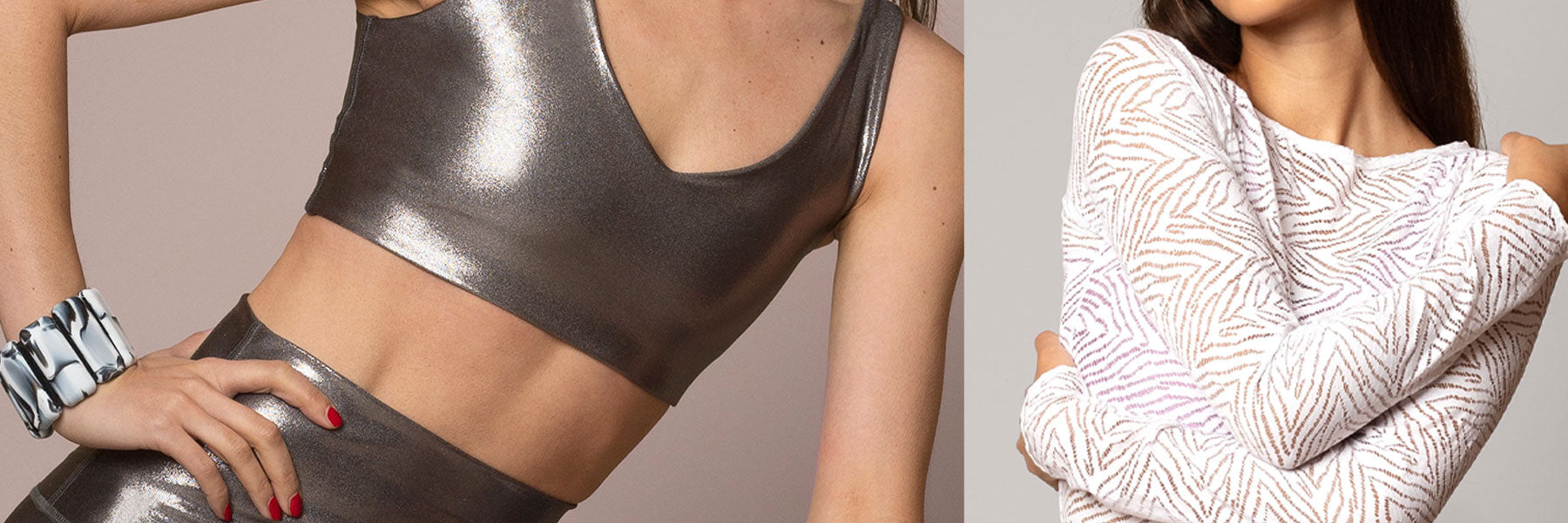 gunmetal shimmer sports bra and white mesh top