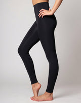 A model wearing black high-waisted leggings, shown from the waist down in a side-profile pose against a light gray studio background.