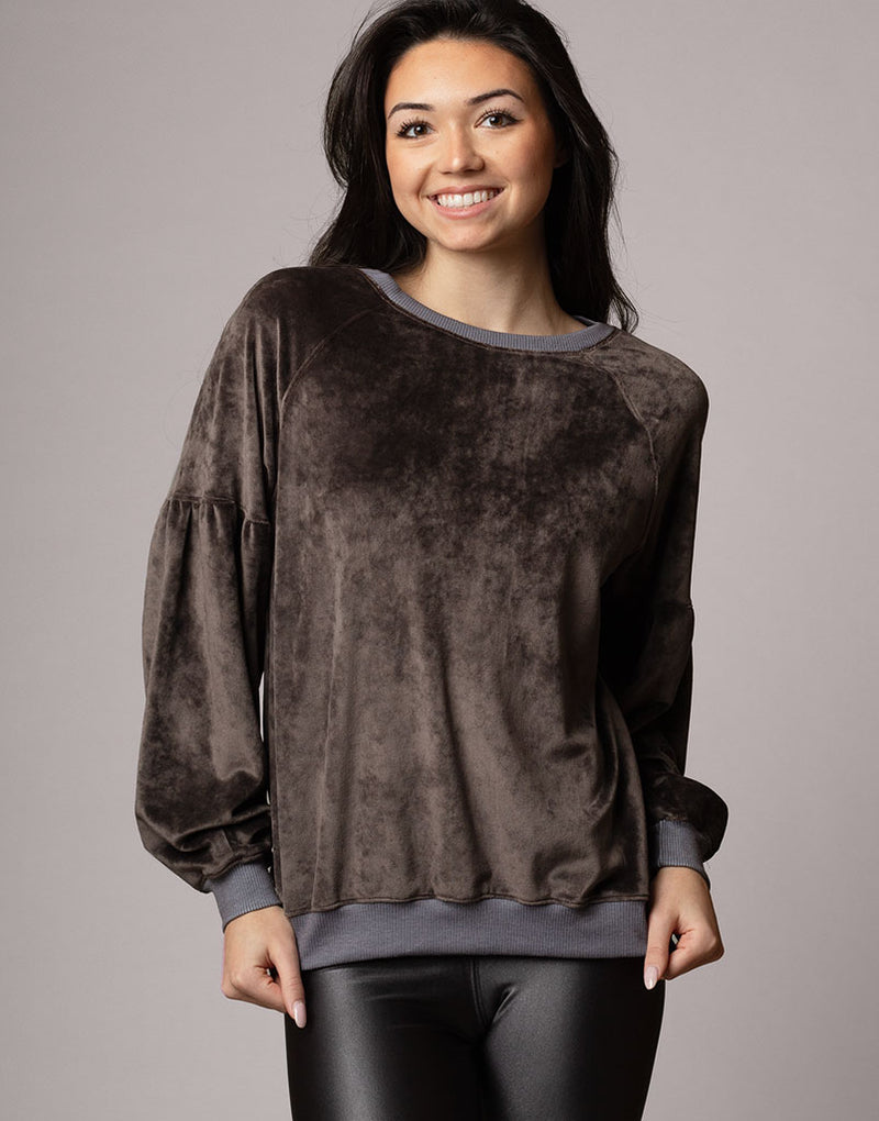 Velour Gathered Sleeve Pullover Coffee