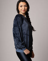 Velour Gathered Sleeve Pullover Navy