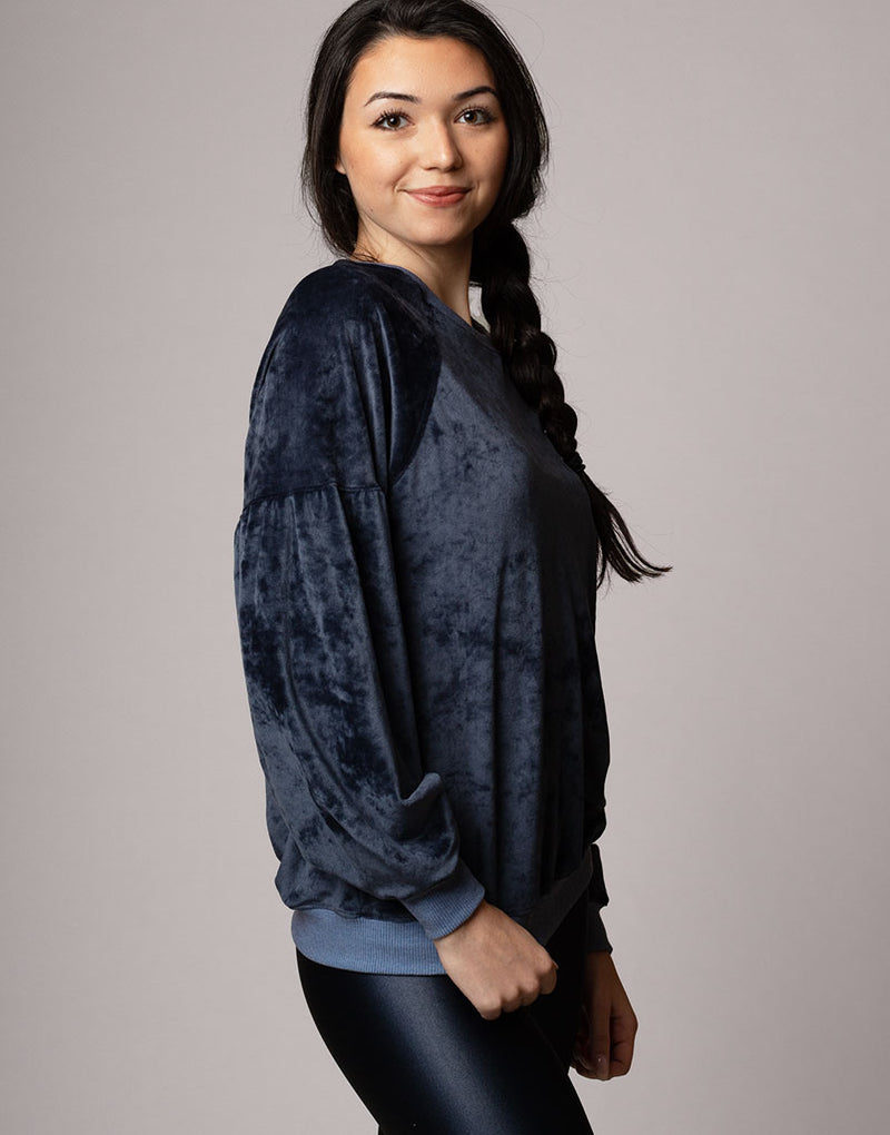 Velour Gathered Sleeve Pullover Navy